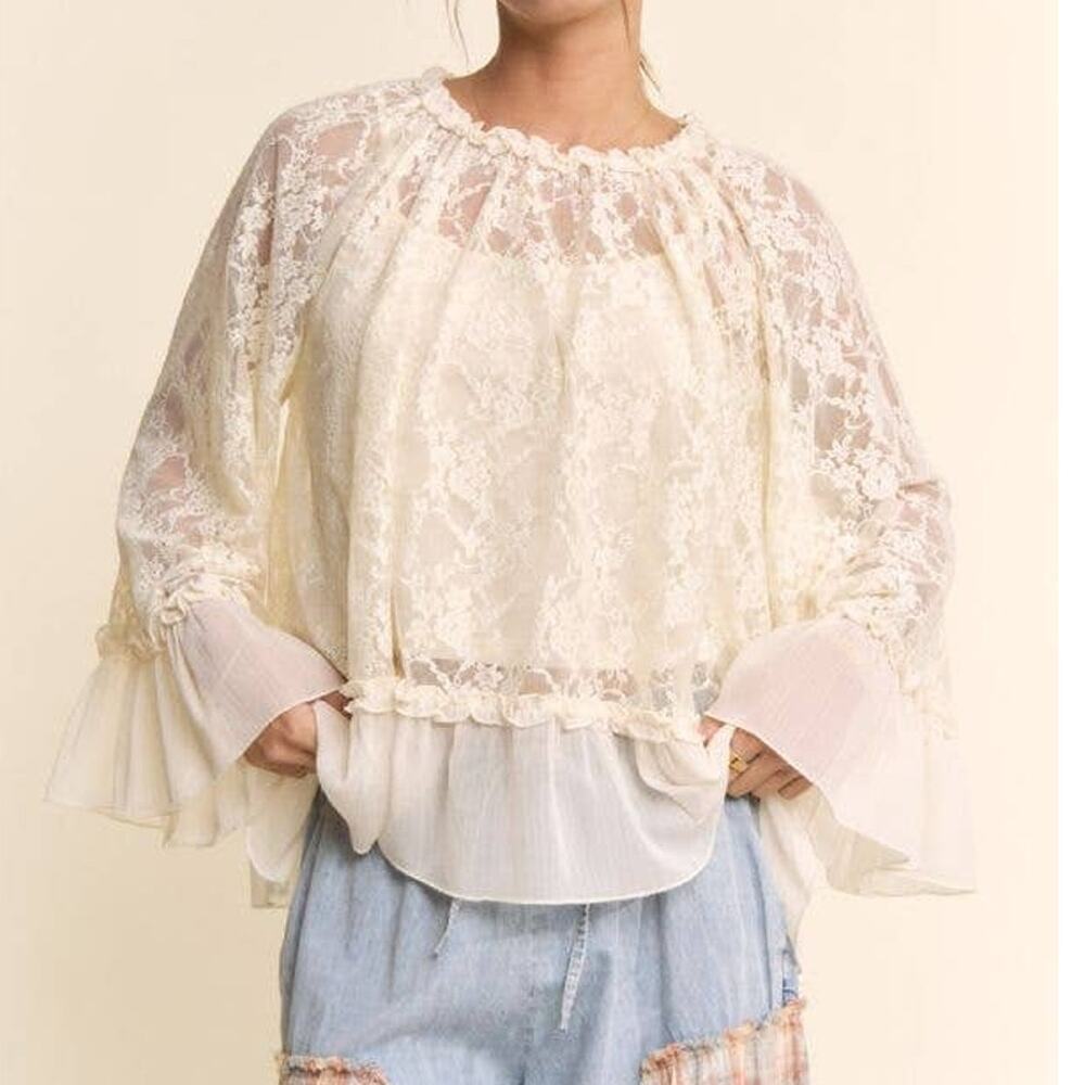 Cream Floral Lace Bell Sleeve Blouse